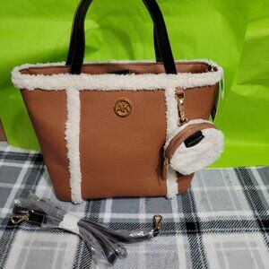 P506-NWT Anne Klein Dana Sherpa and Tan Pebble Bag with Coin Purse